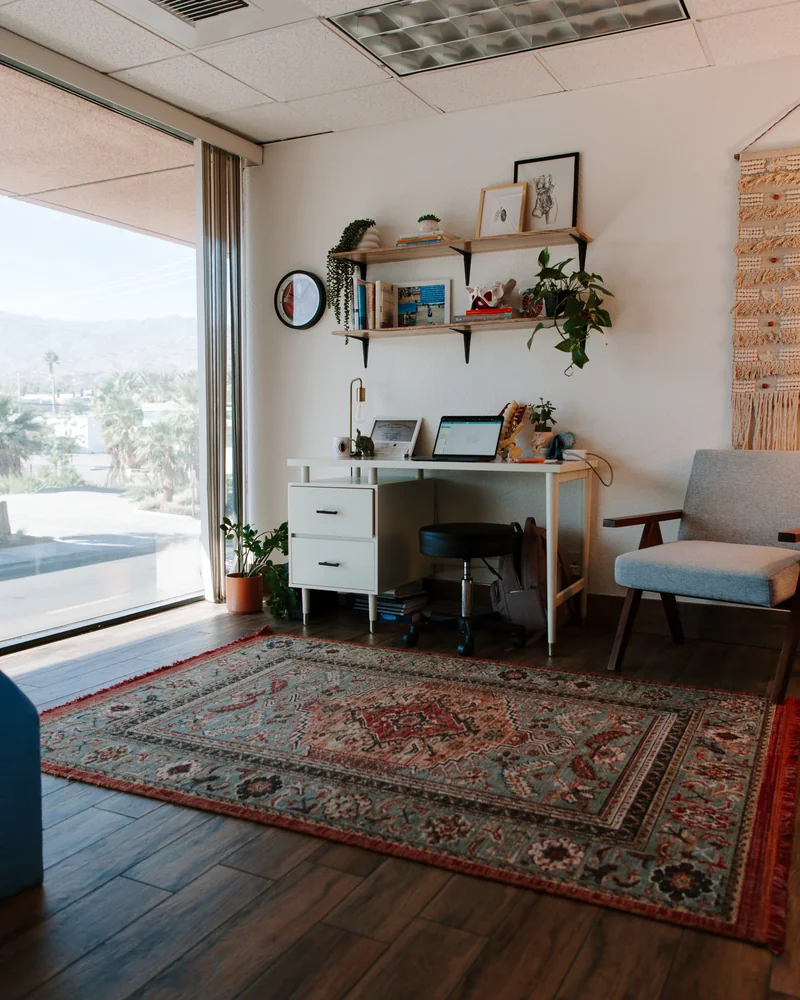 Clinic corner with desk, anatomy models, macrame hanging and Persian rug